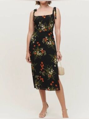 Reformation Black Floral Besse Sleeveless Midi Dress Chiffon Size 12